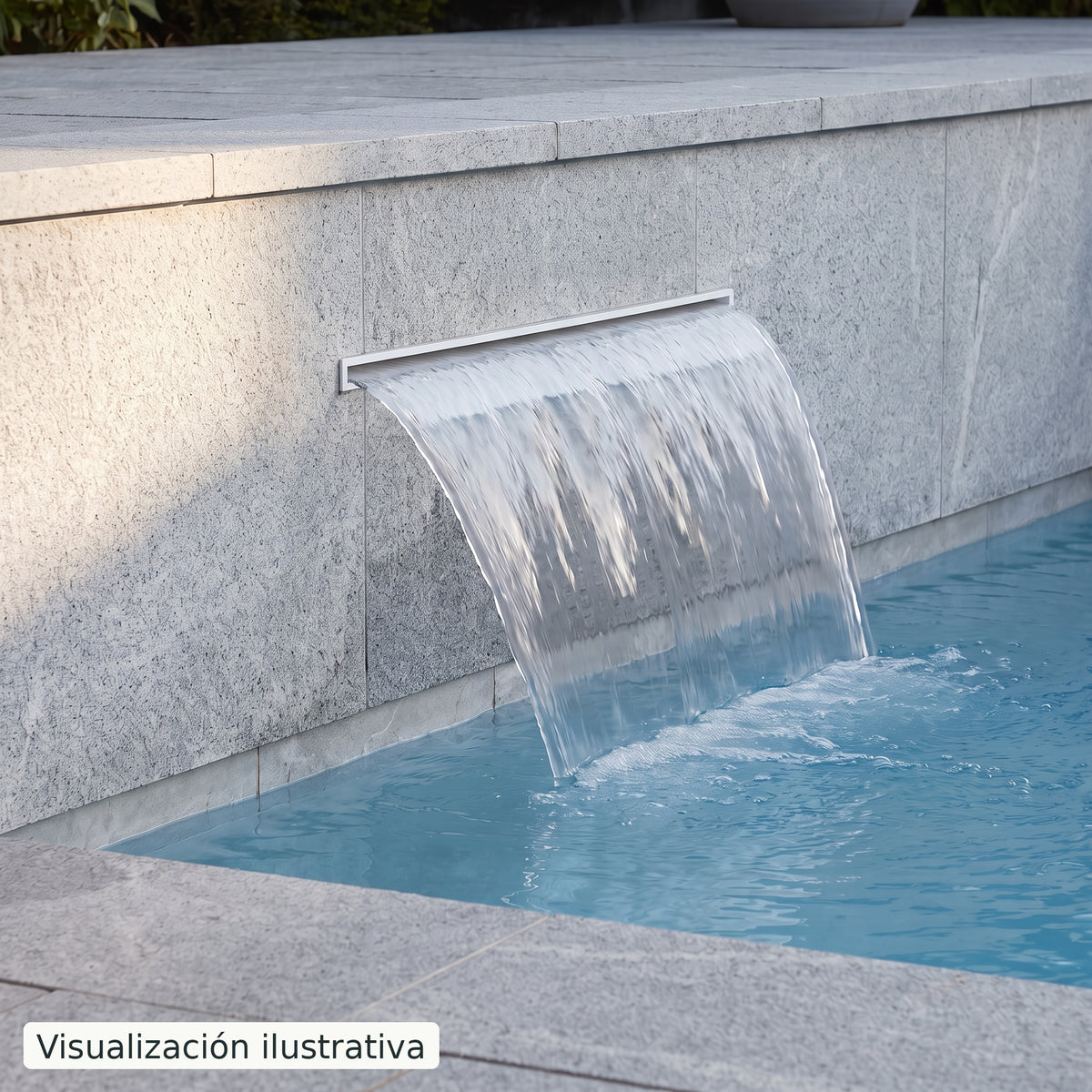 Visualización ilustrativa. Ejemplo de una cascada para piscina integrada en un muro, con el cuerpo y las conexiones ocultos.