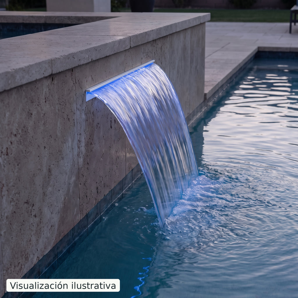 Visualización ilustrativa. Ejemplo de una cascada para piscina integrada en un muro, con el cuerpo y las conexiones ocultos.