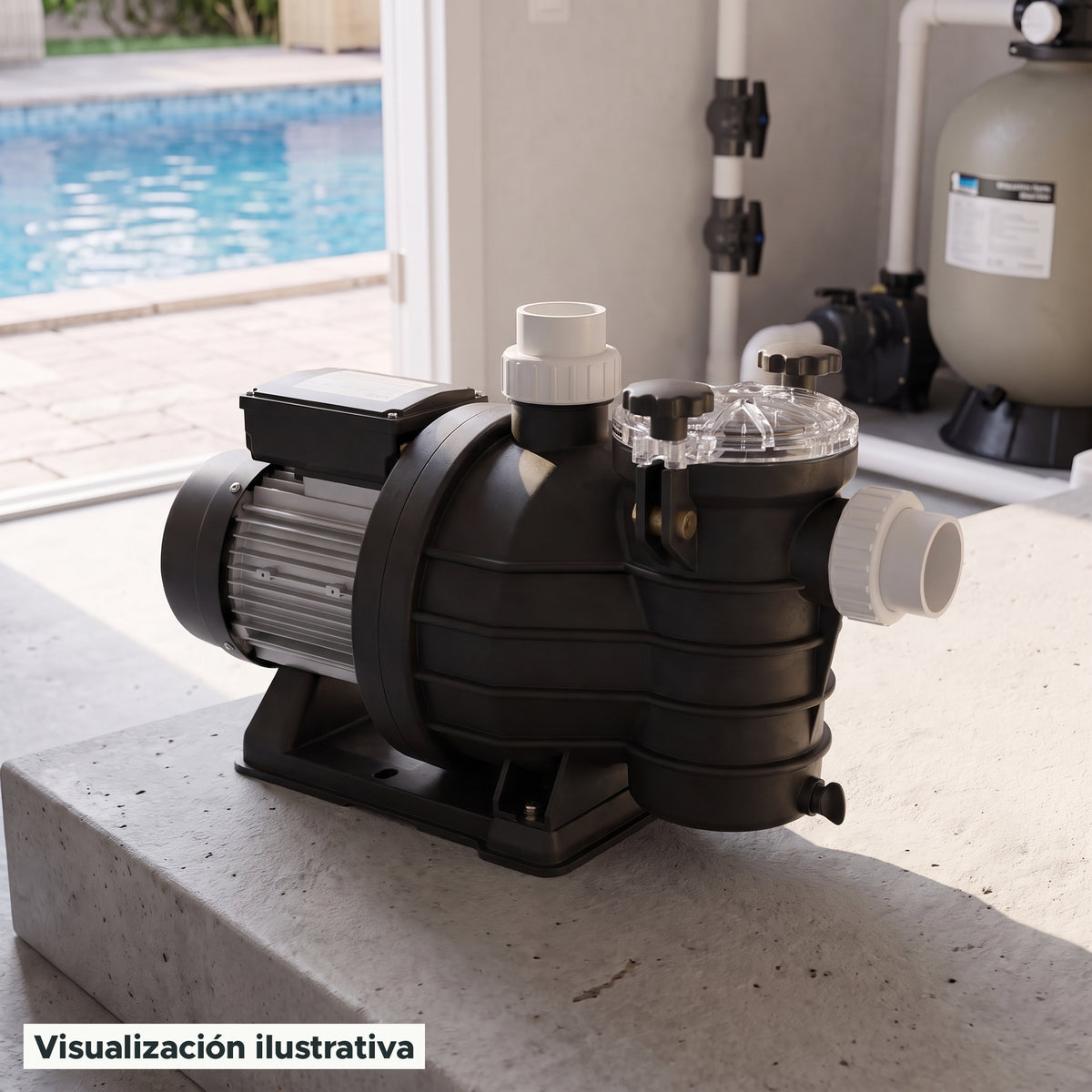 Visualización ilustrativa. Vista del equipo para piscina en un entorno de preparación para su instalación.