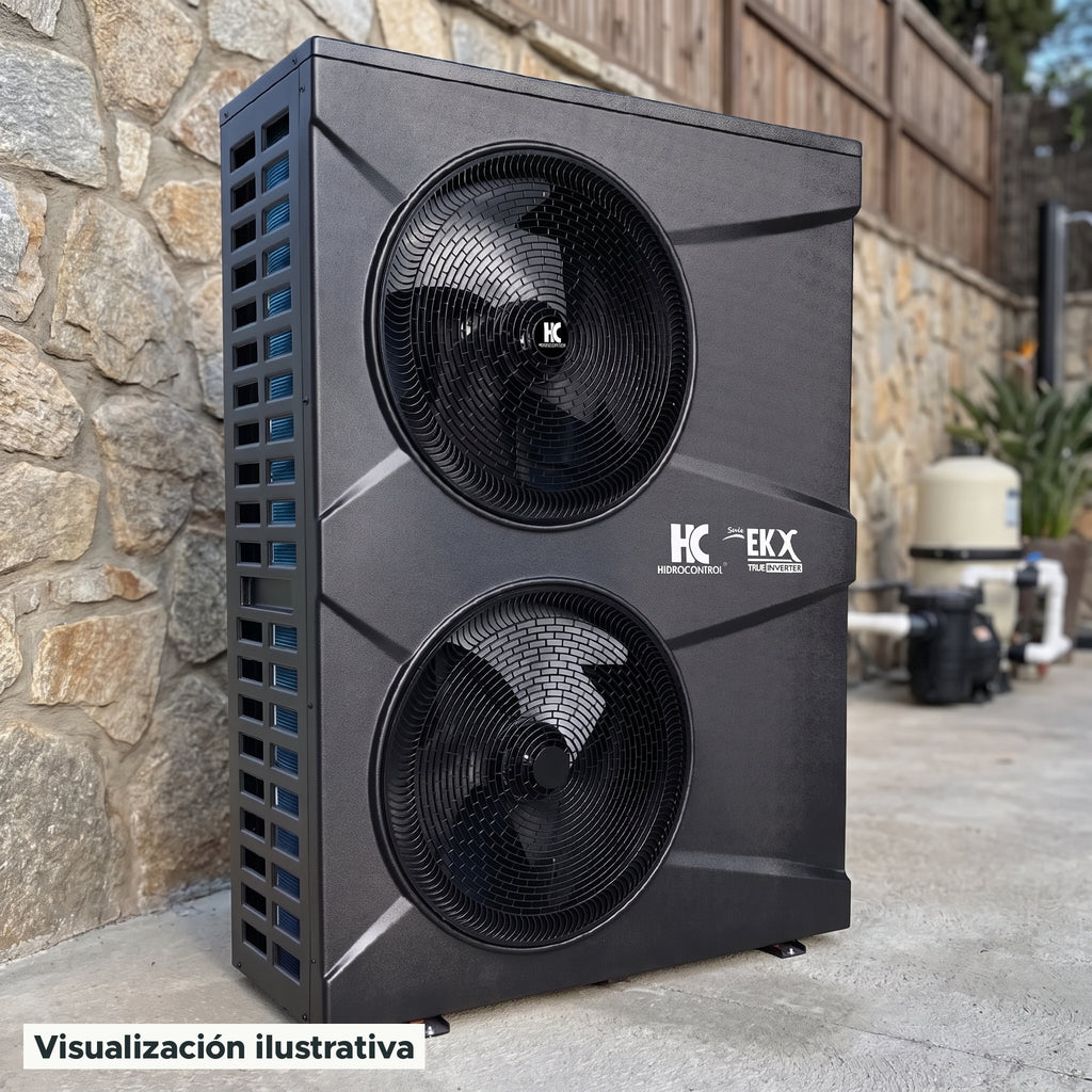 Visualización ilustrativa. El modelo EK145X-M2-INVERTER preparado junto al área de mantenimiento de una piscina. El entorno muestra un ejemplo de contexto de uso; los accesorios de fondo se ilustran por separado.