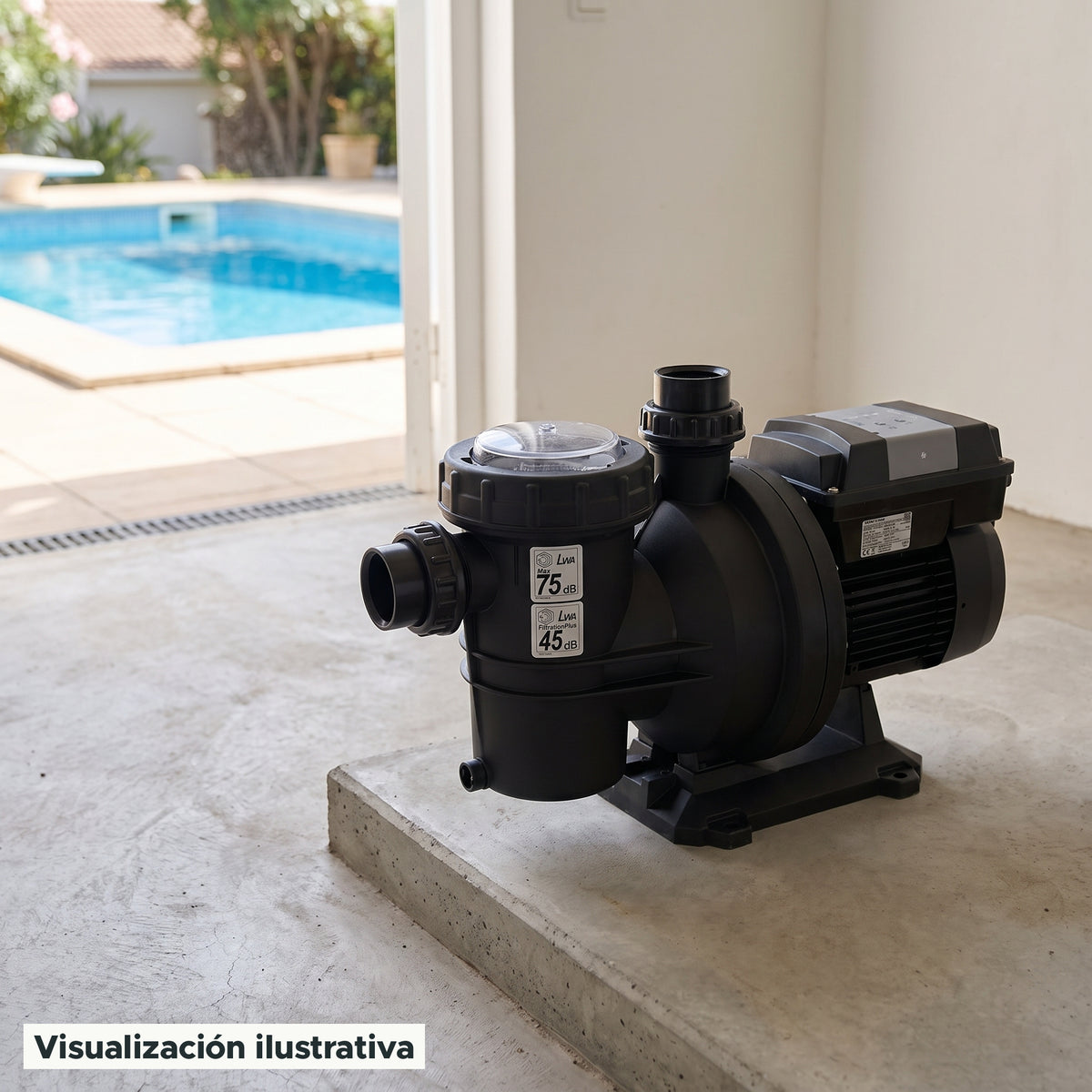 Visualización ilustrativa. Vista del equipo para piscina en un entorno de preparación para su instalación.