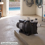 Visualización ilustrativa. Vista del equipo para piscina en un entorno de preparación para su instalación.