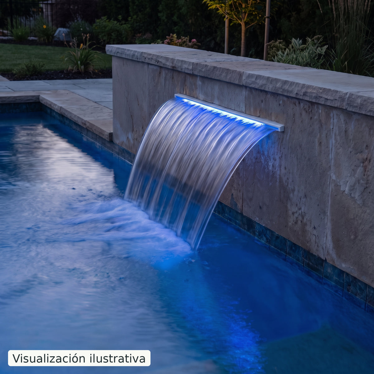 Visualización ilustrativa. Ejemplo de una cascada para piscina integrada en un muro, con el cuerpo y las conexiones ocultos.