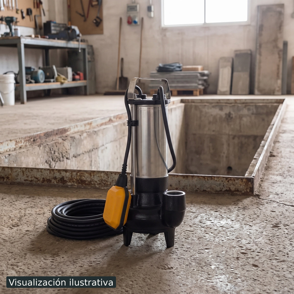 Visualización ilustrativa. El modelo DRAINEX100A115CC preparado junto al área de mantenimiento o construcción de una piscina. Ejemplo ilustrativo de contexto; los accesorios de fondo se muestran por separado.