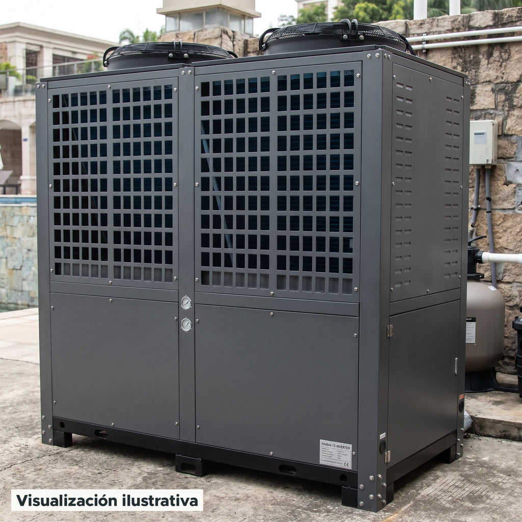 Visualización ilustrativa. El modelo EK464X-T2-INVERTER preparado junto al área de mantenimiento de una piscina. El entorno muestra un ejemplo de contexto de uso; los accesorios de fondo se ilustran por separado.