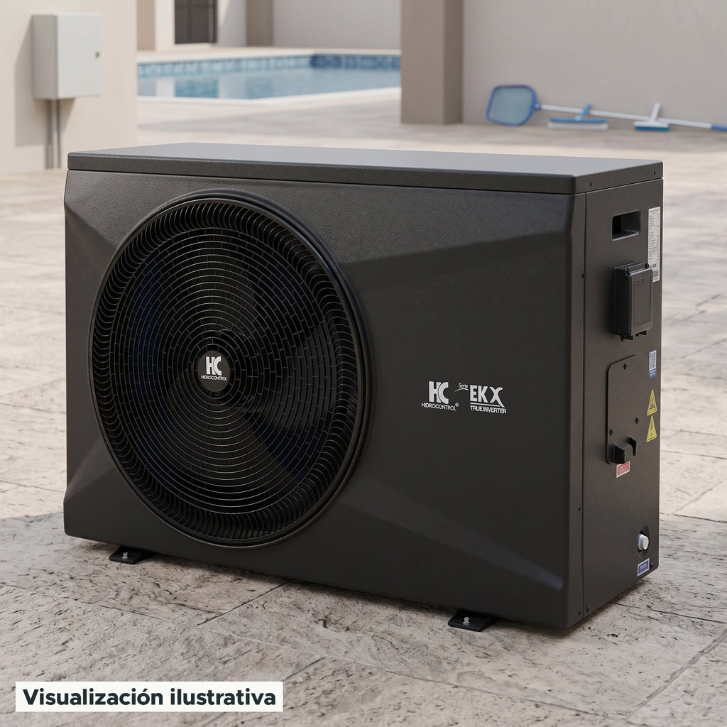 Visualización ilustrativa. El modelo EK71X-M2-INVERTER preparado junto al área de mantenimiento de una piscina. El entorno muestra un ejemplo de contexto de uso; los accesorios de fondo se ilustran por separado.