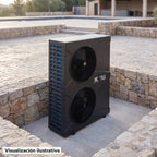 Visualización ilustrativa. El modelo EK145X-M2-INVERTER preparado junto al área de mantenimiento de una piscina. El entorno muestra un ejemplo de contexto de uso; los accesorios de fondo se ilustran por separado.