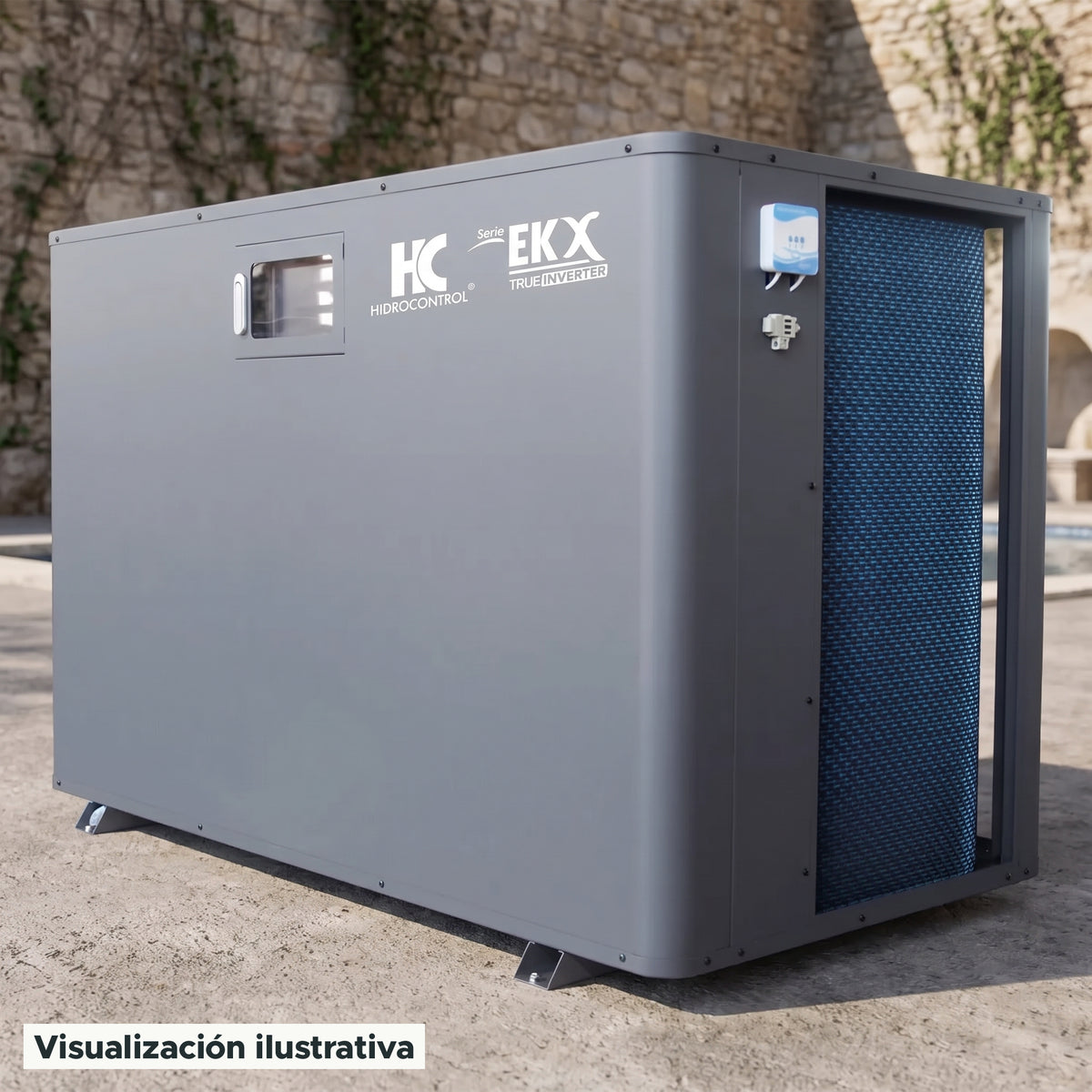 Visualización ilustrativa. El modelo EK238X-T2-INVERTER preparado junto al área de mantenimiento de una piscina. El entorno muestra un ejemplo de contexto de uso; los accesorios de fondo se ilustran por separado.