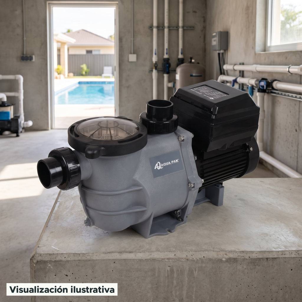 Visualización ilustrativa. Vista del equipo para piscina en un entorno de preparación para su instalación.