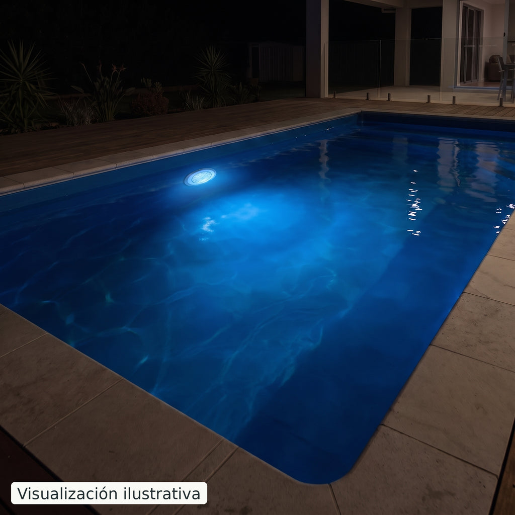 Visualización ilustrativa. Vista general nocturna de una piscina que ilustra el color de la lámpara. El efecto varía según la piscina y la instalación.