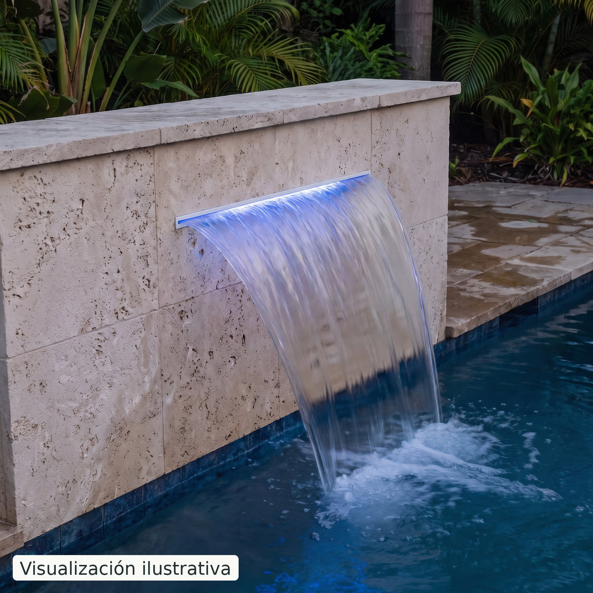 Visualización ilustrativa. Ejemplo de una cascada para piscina integrada en un muro, con el cuerpo y las conexiones ocultos.