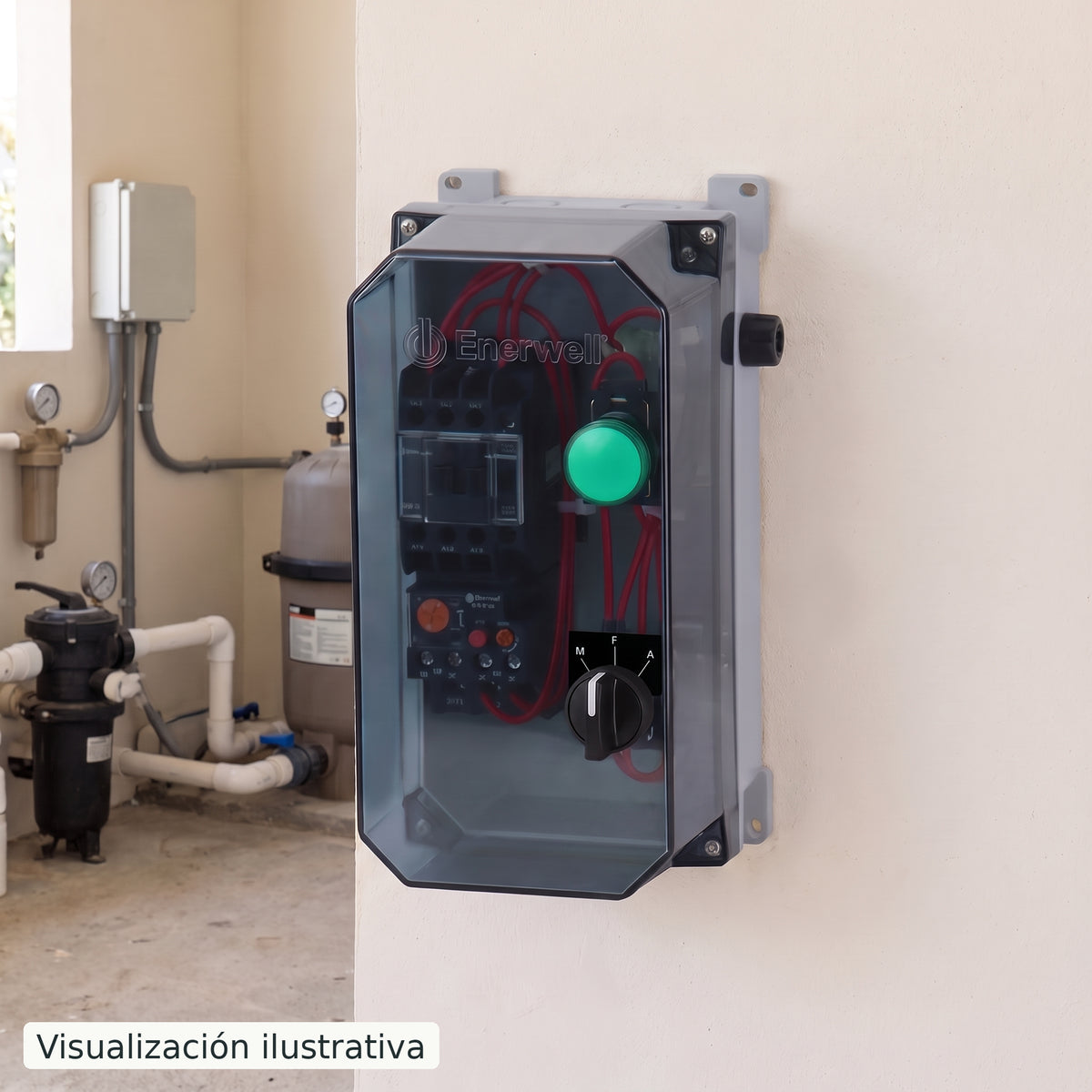 Visualización ilustrativa. Ejemplo del tablero AEWTP 9-13/1220S cerrado y ubicado en un cuarto de equipos de piscina. No muestra las conexiones eléctricas internas.