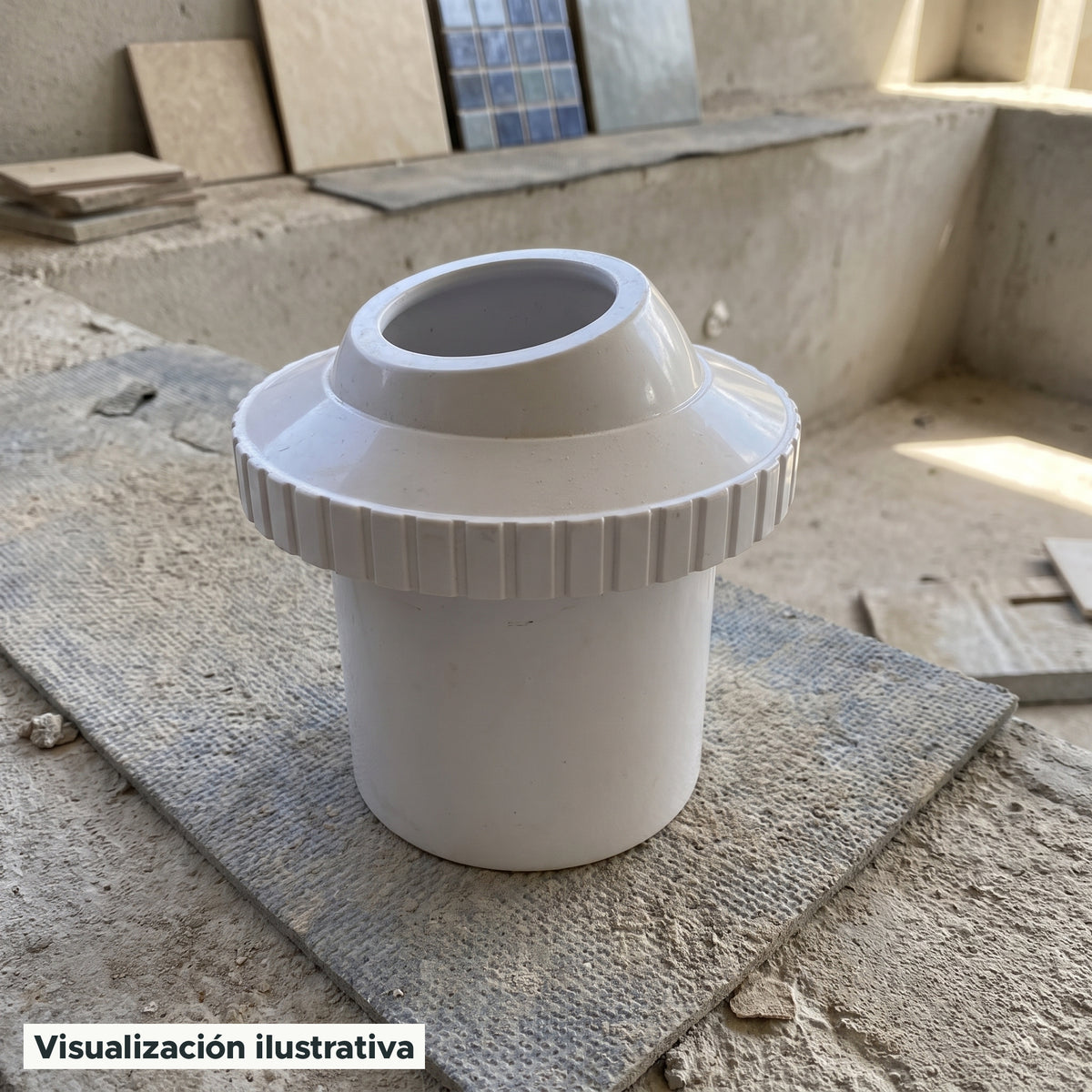Visualización ilustrativa. Vista del equipo para piscina en un entorno de preparación para su instalación.