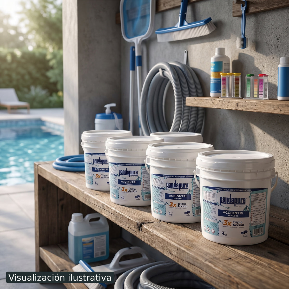 Visualización ilustrativa. Presentación del producto en un área de mantenimiento de piscina. Consulta su etiqueta original para instrucciones y precauciones de uso.