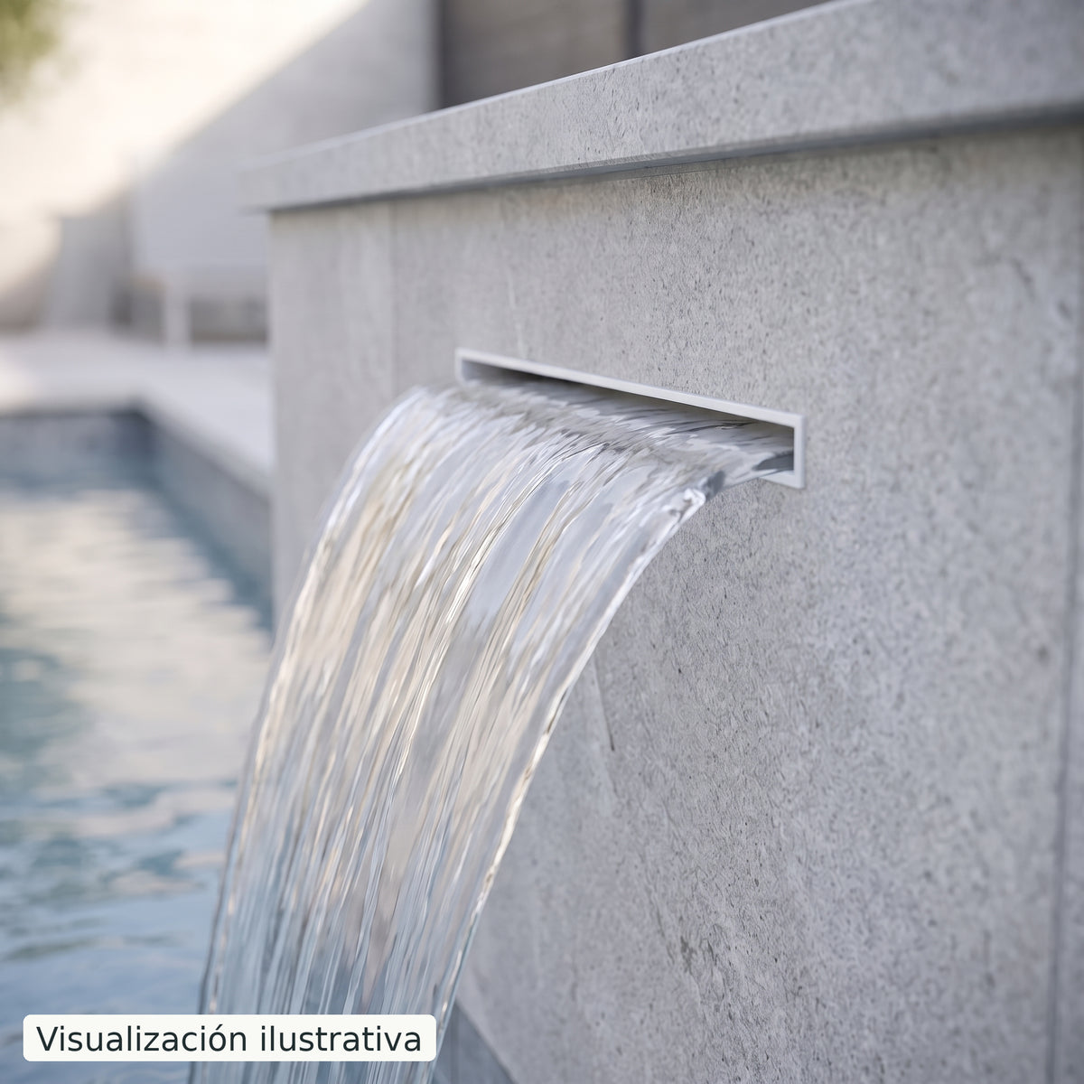 Visualización ilustrativa. Ejemplo de una cascada para piscina integrada en un muro, con el cuerpo y las conexiones ocultos.