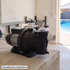 Visualización ilustrativa. Vista del equipo para piscina en un entorno de preparación para su instalación.