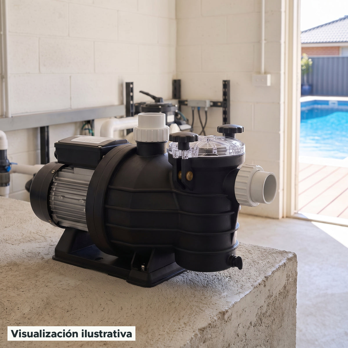 Visualización ilustrativa. Vista del equipo para piscina en un entorno de preparación para su instalación.