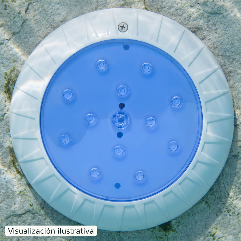Visualización ilustrativa. Detalle ilustrativo de la lámpara para piscina colocada bajo el agua.