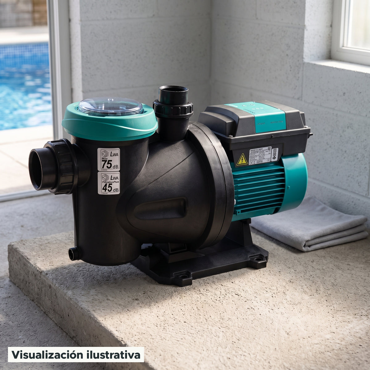 Visualización ilustrativa. Vista del equipo para piscina en un entorno de preparación para su instalación.