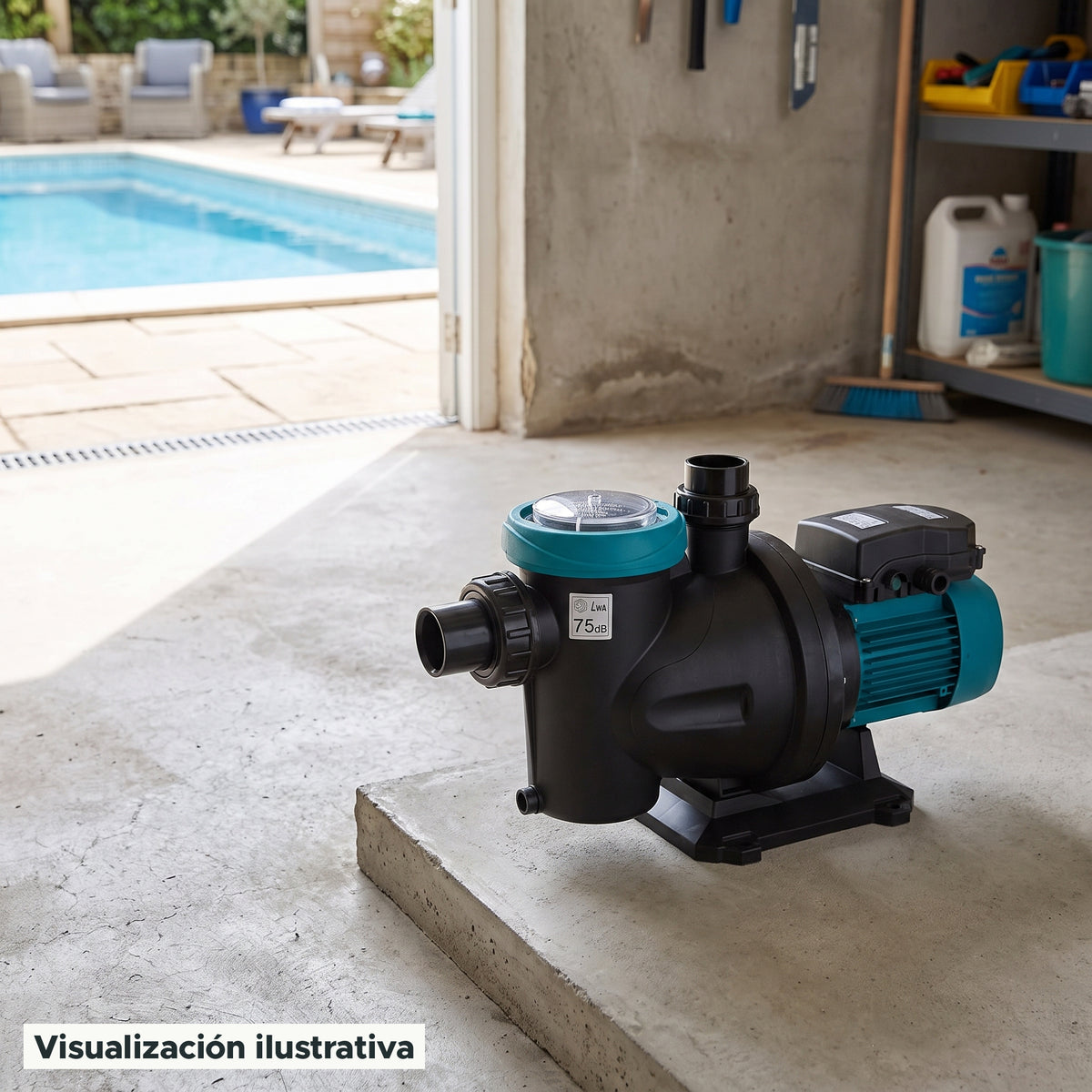 Visualización ilustrativa. Vista del equipo para piscina en un entorno de preparación para su instalación.