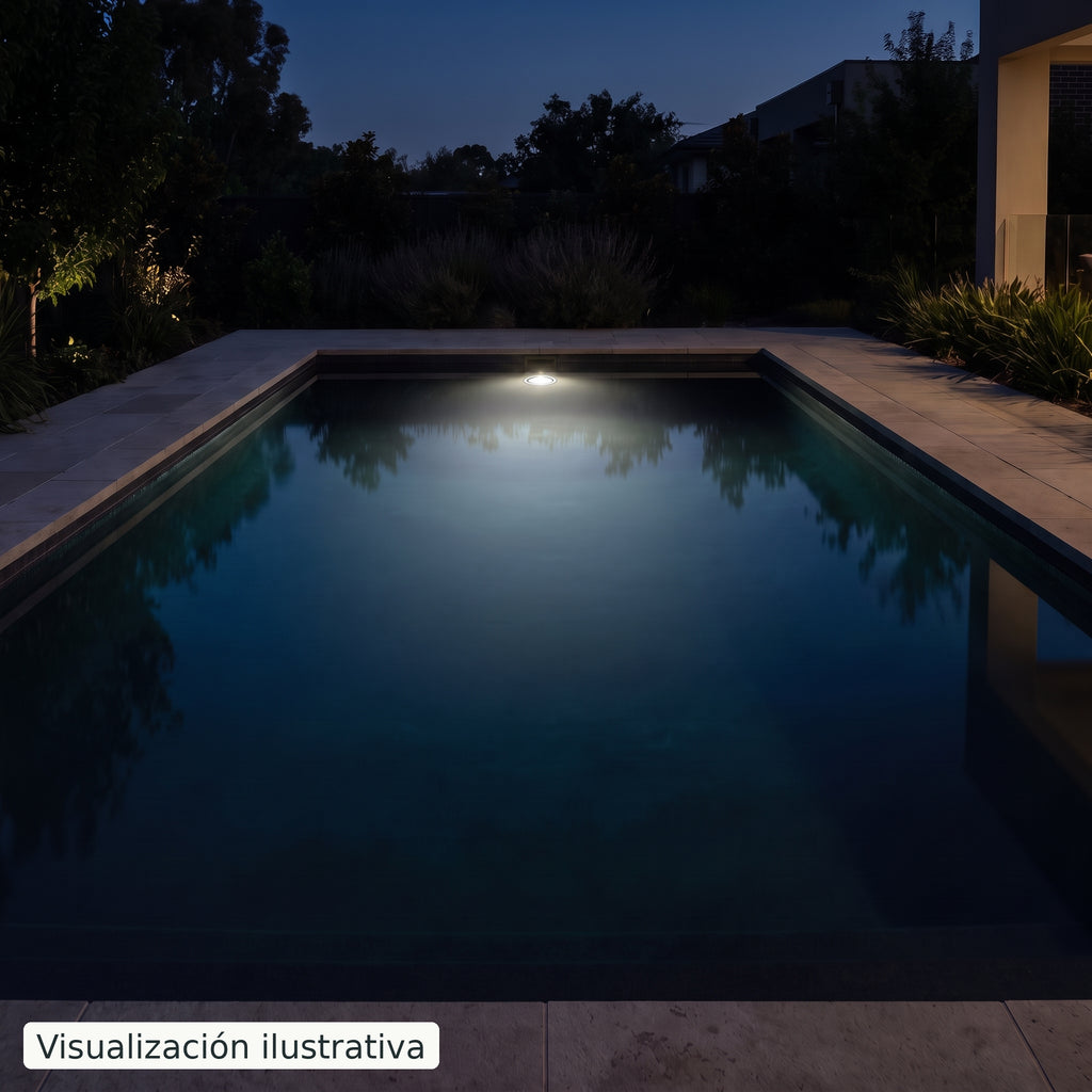 Visualización ilustrativa. Vista nocturna de una piscina que ilustra el color de esta lámpara. El efecto de la luz varía según el diseño de la piscina y la instalación.