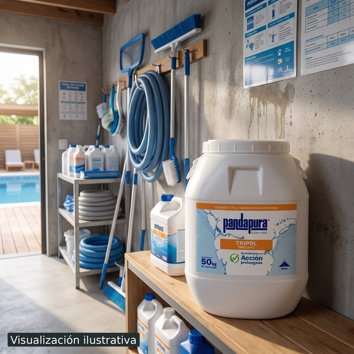 Visualización ilustrativa. Presentación del producto en un área de mantenimiento de piscina. Consulta la etiqueta original y ficha del modelo para las instrucciones y precauciones.