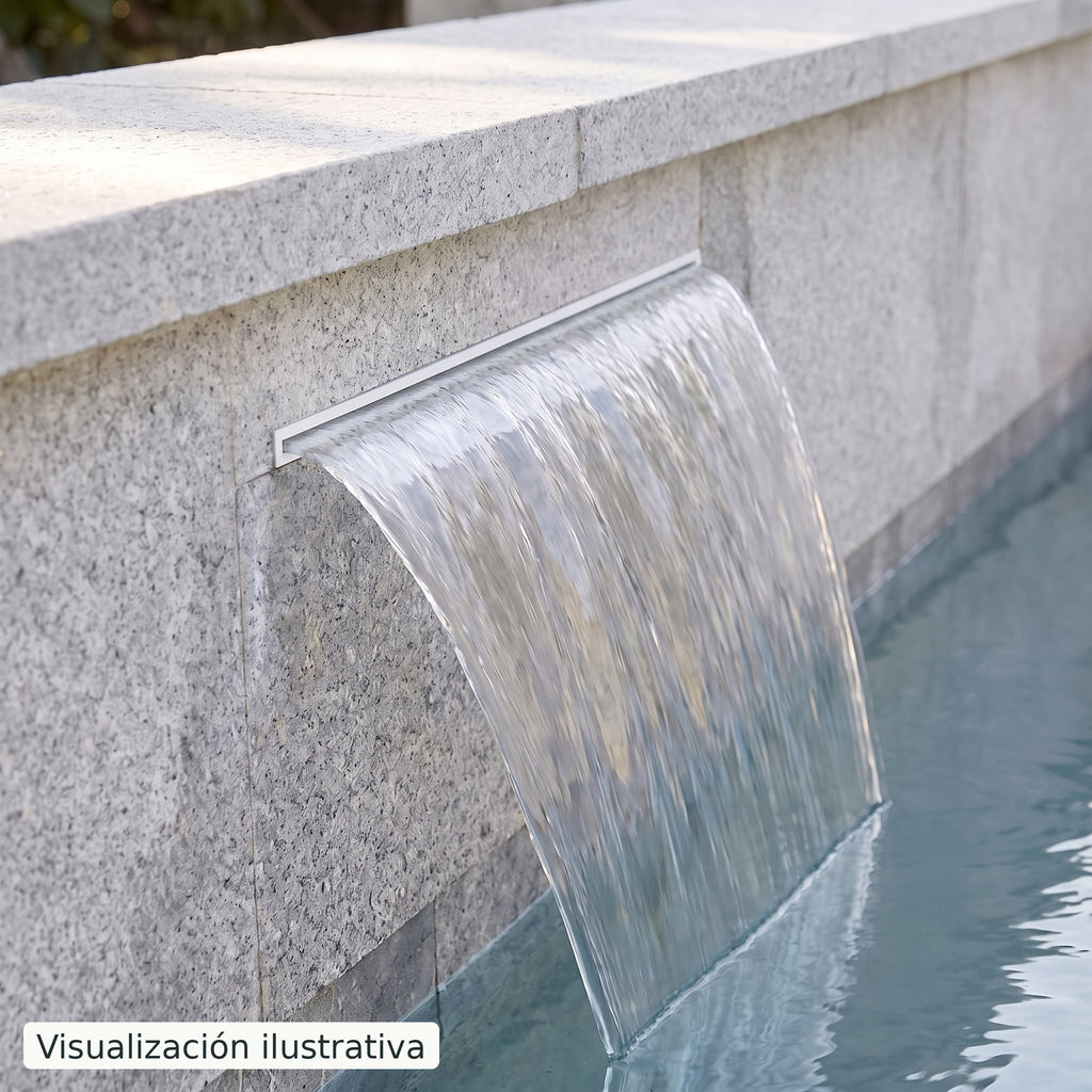 Visualización ilustrativa. Ejemplo de una cascada para piscina integrada en un muro, con el cuerpo y las conexiones ocultos.
