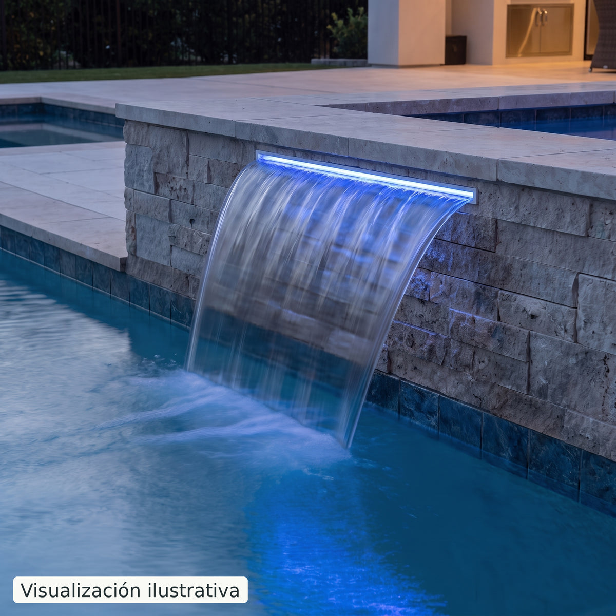 Visualización ilustrativa. Ejemplo de una cascada para piscina integrada en un muro, con el cuerpo y las conexiones ocultos.