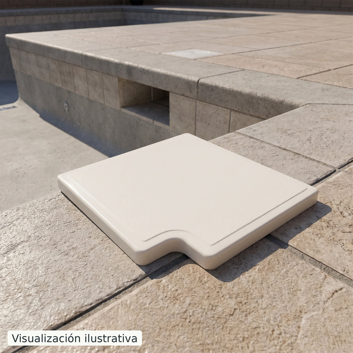 Visualización ilustrativa. Pieza preparada junto al área de construcción de una piscina, antes de su montaje. Ejemplo de contexto de uso.