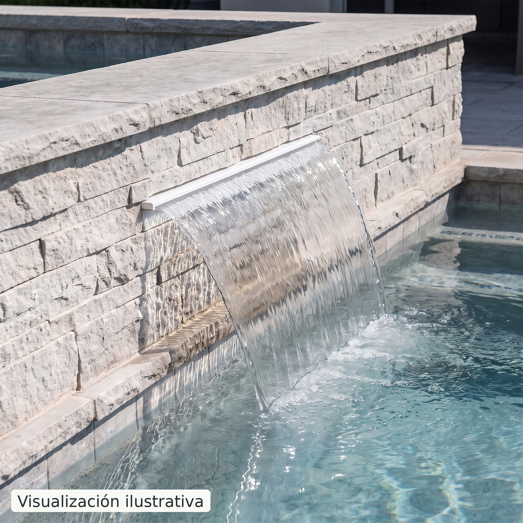 Visualización ilustrativa. Ejemplo de una cascada para piscina integrada en un muro, con el cuerpo y las conexiones ocultos.