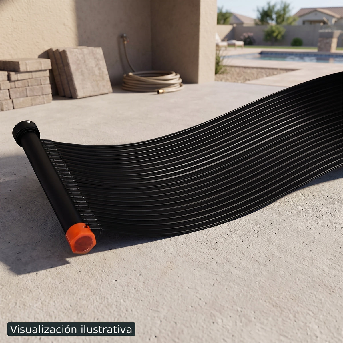 Visualización ilustrativa. El modelo ECOHEAT-4M2 preparado junto al área de mantenimiento o construcción de una piscina. Ejemplo ilustrativo de contexto; los accesorios de fondo se muestran por separado.