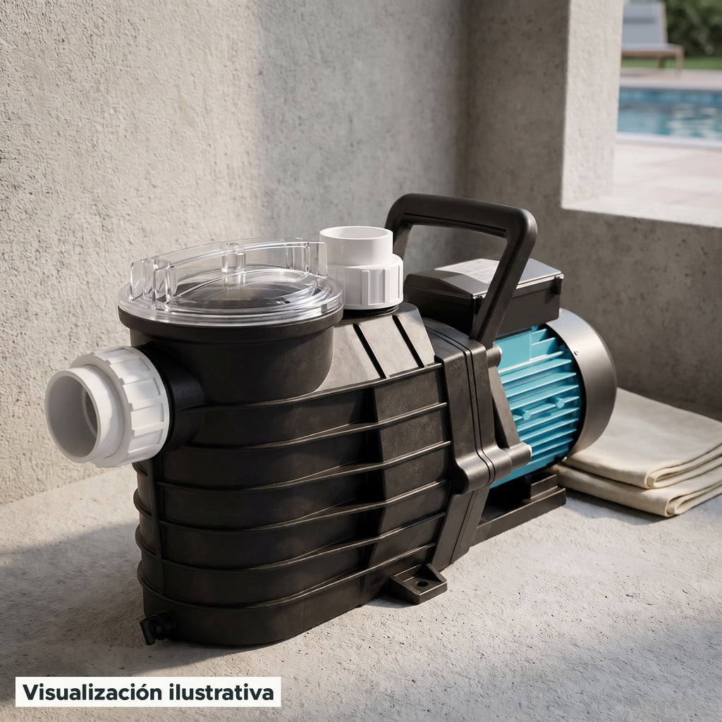 Visualización ilustrativa. Vista del equipo para piscina en un entorno de preparación para su instalación.