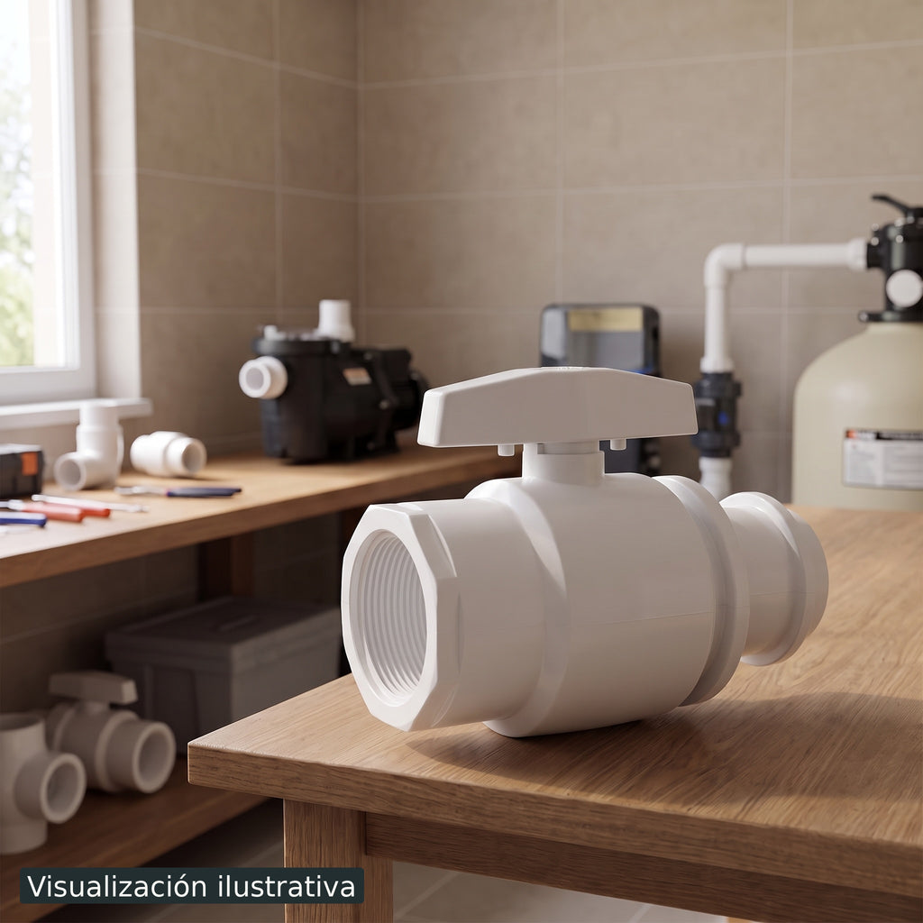 Visualización ilustrativa. Válvula PA-VB-2PVCR preparada en el área de mantenimiento de una piscina, sin conectar.