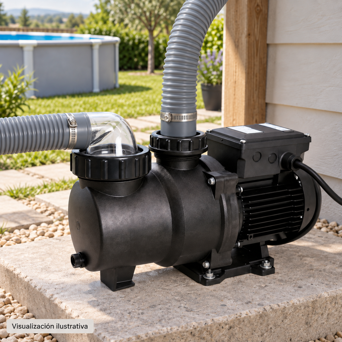 Visualización ilustrativa. Bomba NOX-25-1115 instalada sobre una base seca y conectada mediante mangueras; ejemplo de integración para piscina.