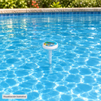 Visualización ilustrativa. Termómetro digital flotante PA-TERFLOT-DIG en una piscina; ejemplo de uso, sin representar una medición real.