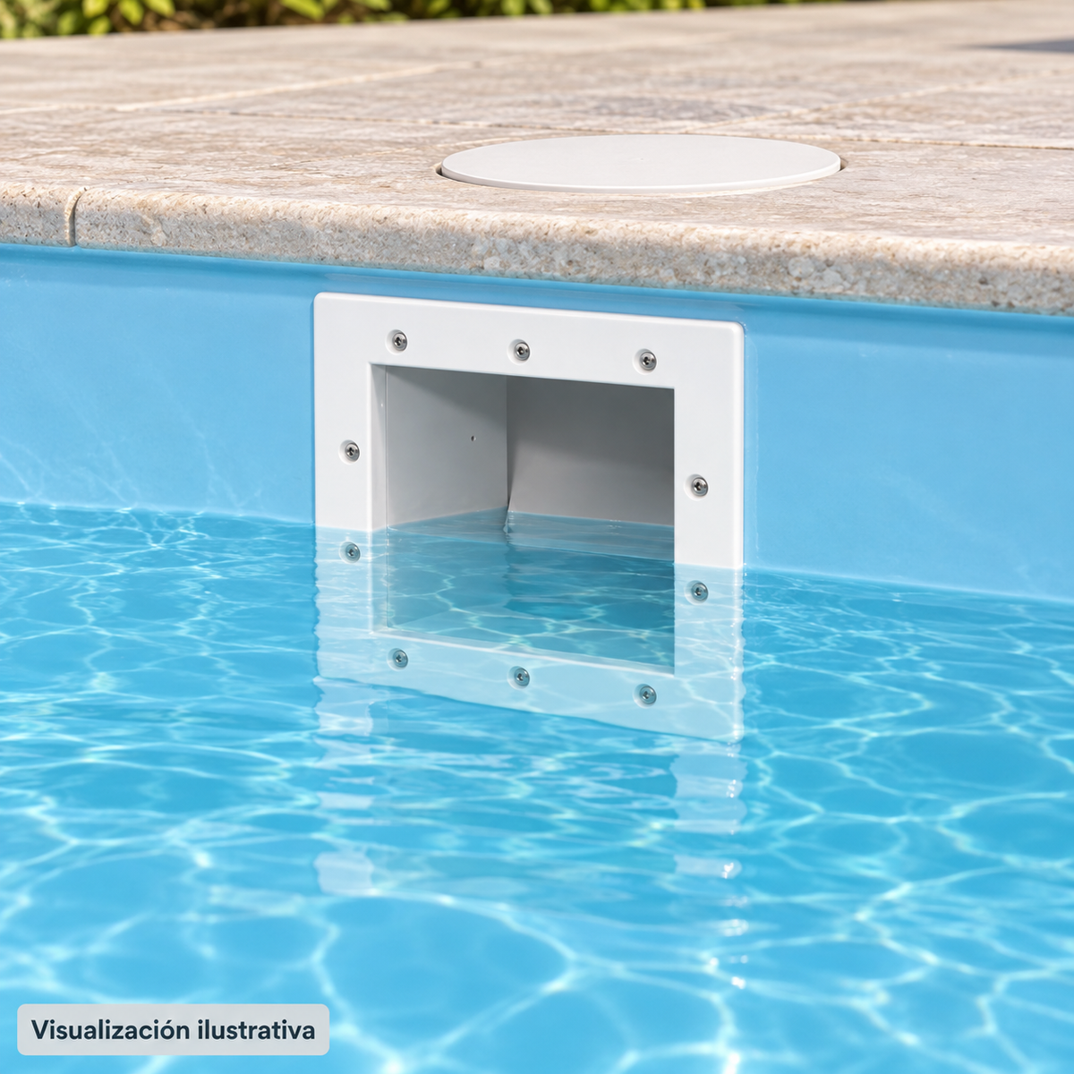 Visualización ilustrativa. Equipo PA-DESN-PBF1.5-S15 integrado en una piscina terminada; ejemplo de instalación sujeto al proyecto y al manual del modelo.