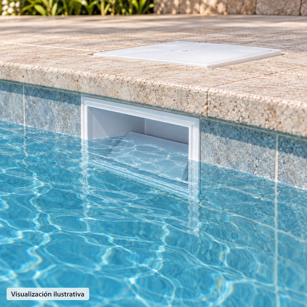 Visualización ilustrativa. Desnatador instalado en una piscina de concreto, con boca en el muro y tapa cerrada de acceso desde la cubierta.