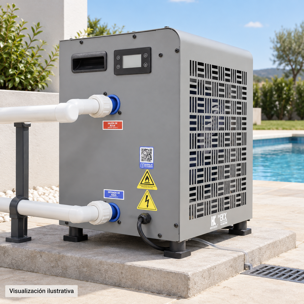 Visualización ilustrativa. Bomba de calor EK14X-M2-INVERTER instalada en exterior, con dos tuberías independientes conectadas y drenaje de condensados; ejemplo de integración.