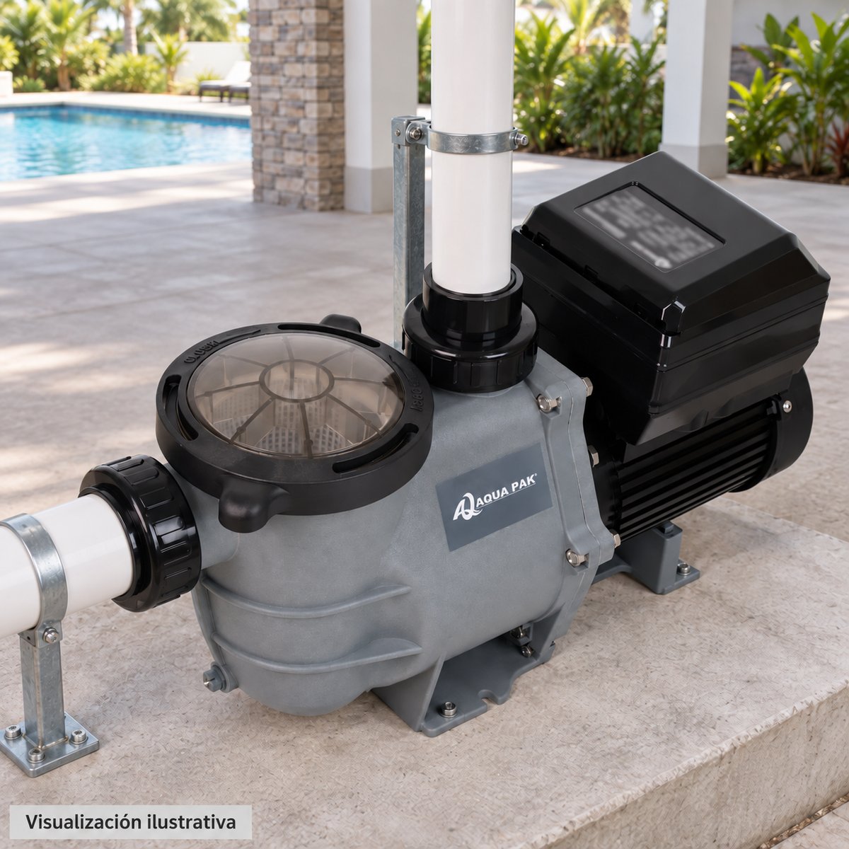Visualización ilustrativa de SILVERPRO15-230VFD instalada en un área técnica ventilada de piscina. Tuberías y soportes son contexto de montaje; la instalación se define según el manual del modelo.