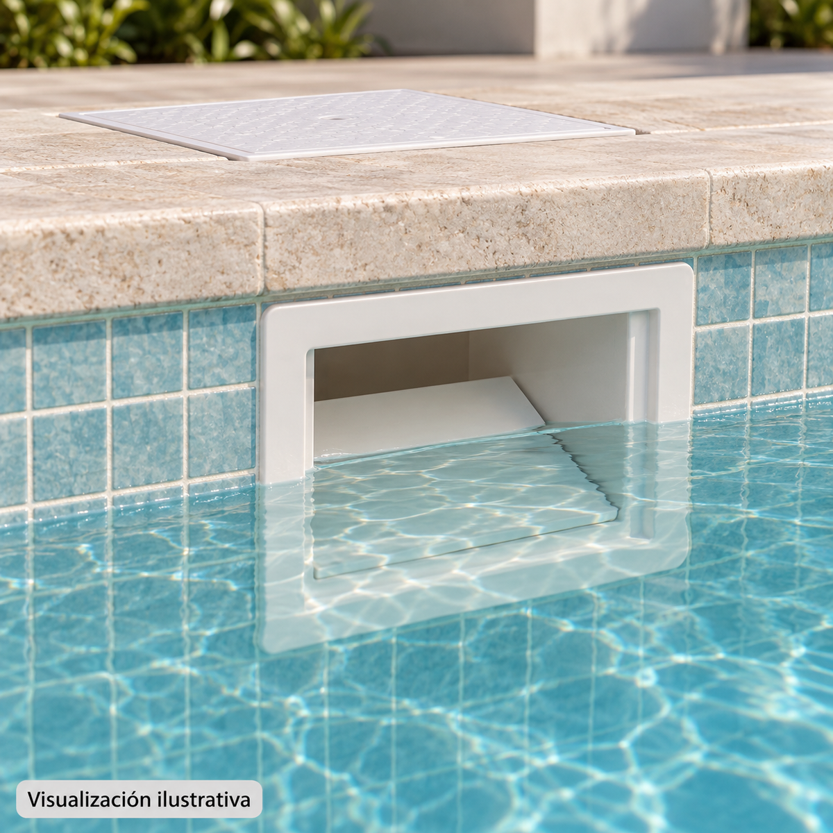 Visualización ilustrativa. Desnatador instalado en una piscina de concreto, con boca en el muro y tapa cerrada de acceso desde la cubierta.