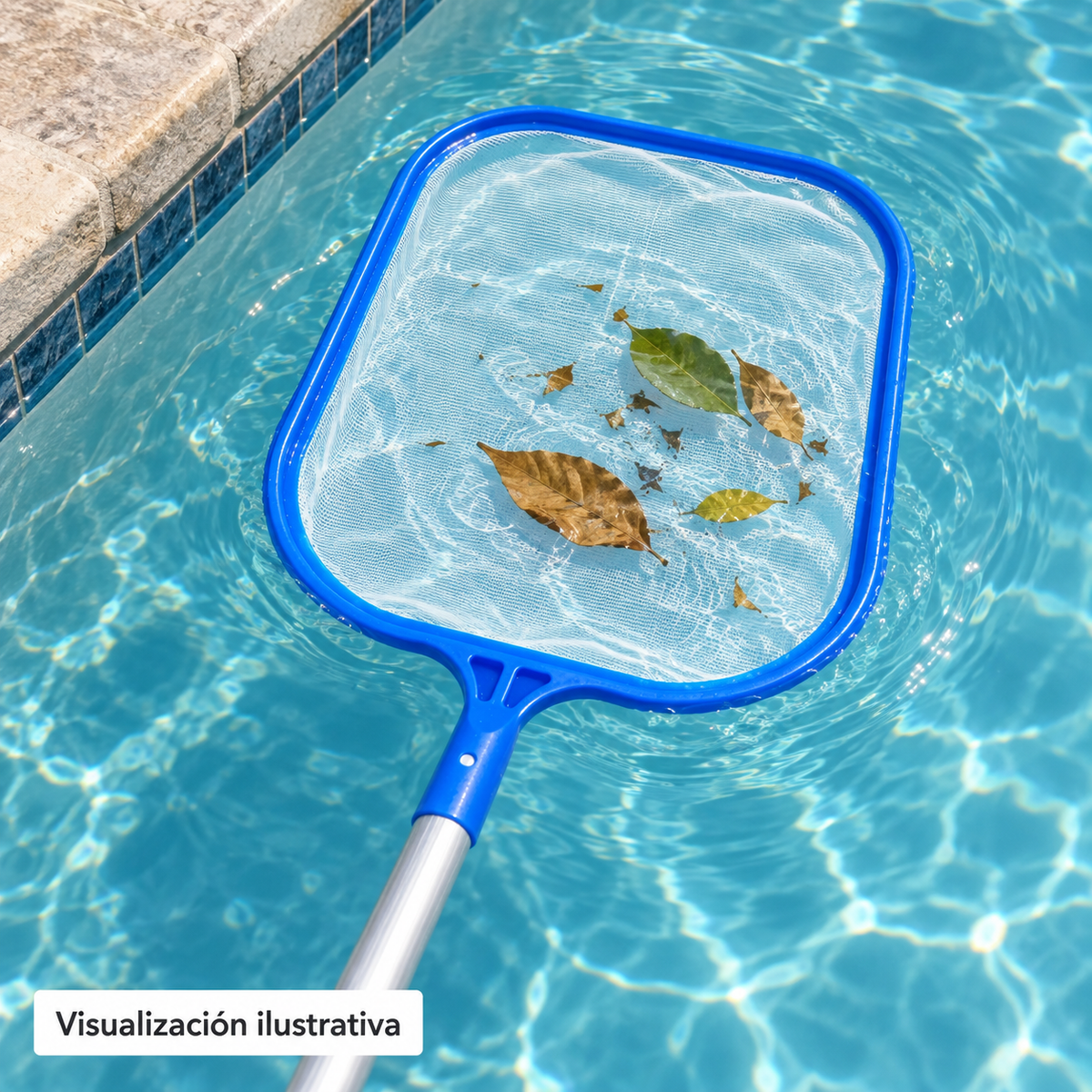 Visualización ilustrativa de la red PA-REDPALA-PLAS-C en uso para recoger hojas de la piscina. Mango mostrado como contexto de uso; consultar accesorios requeridos.