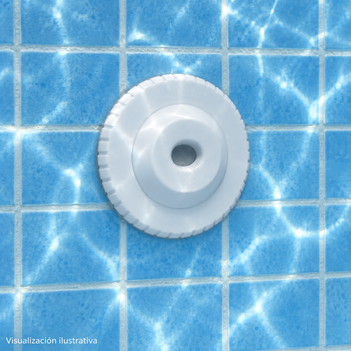 Visualización ilustrativa. Boquilla 012-002-A-005 instalada en la pared de una piscina terminada; ejemplo sujeto al proyecto y al manual del equipo.