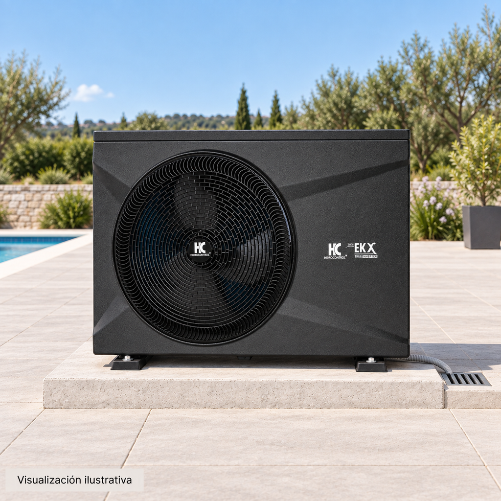 Visualización ilustrativa. Bomba de calor EK26X-M2-INVERTER instalada sobre una base exterior ventilada, con drenaje de condensados; servicios ocultos por el ángulo de la imagen.