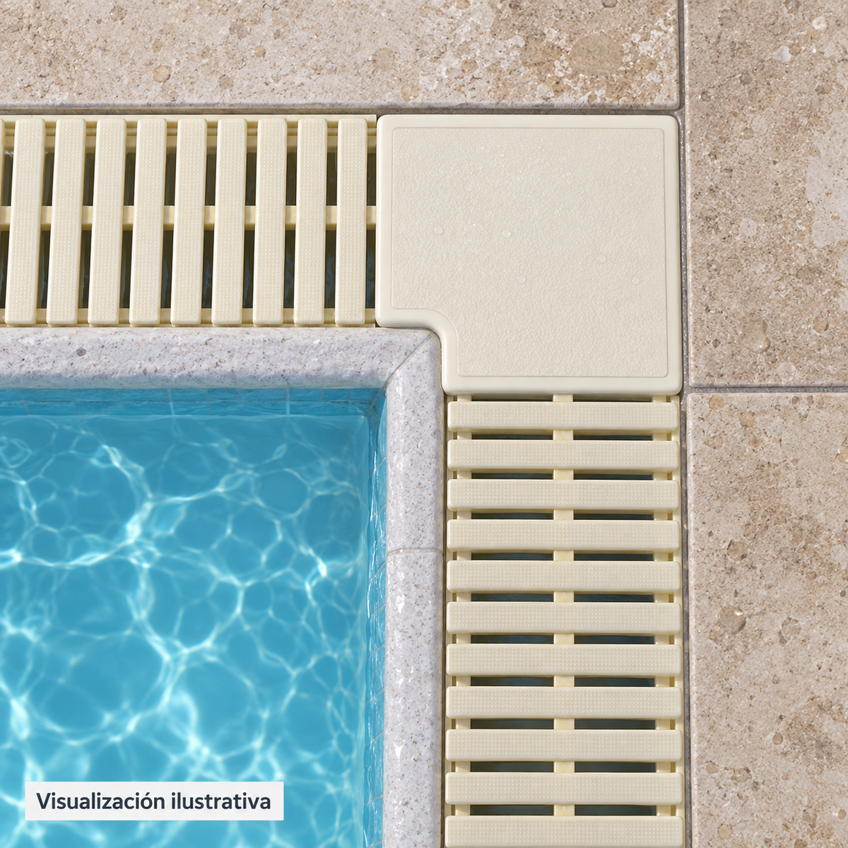 Visualización ilustrativa. Equipo PA-REJREB-PLB30-90 integrado en una piscina terminada; ejemplo de instalación sujeto al proyecto y al manual del modelo.