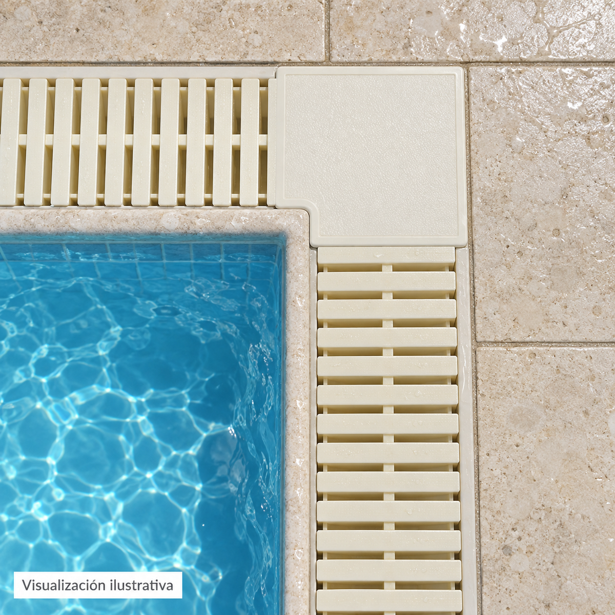 Visualización ilustrativa. Equipo PA-REJREB-PLB25-90 integrado en una piscina terminada; ejemplo de instalación sujeto al proyecto y al manual del modelo.