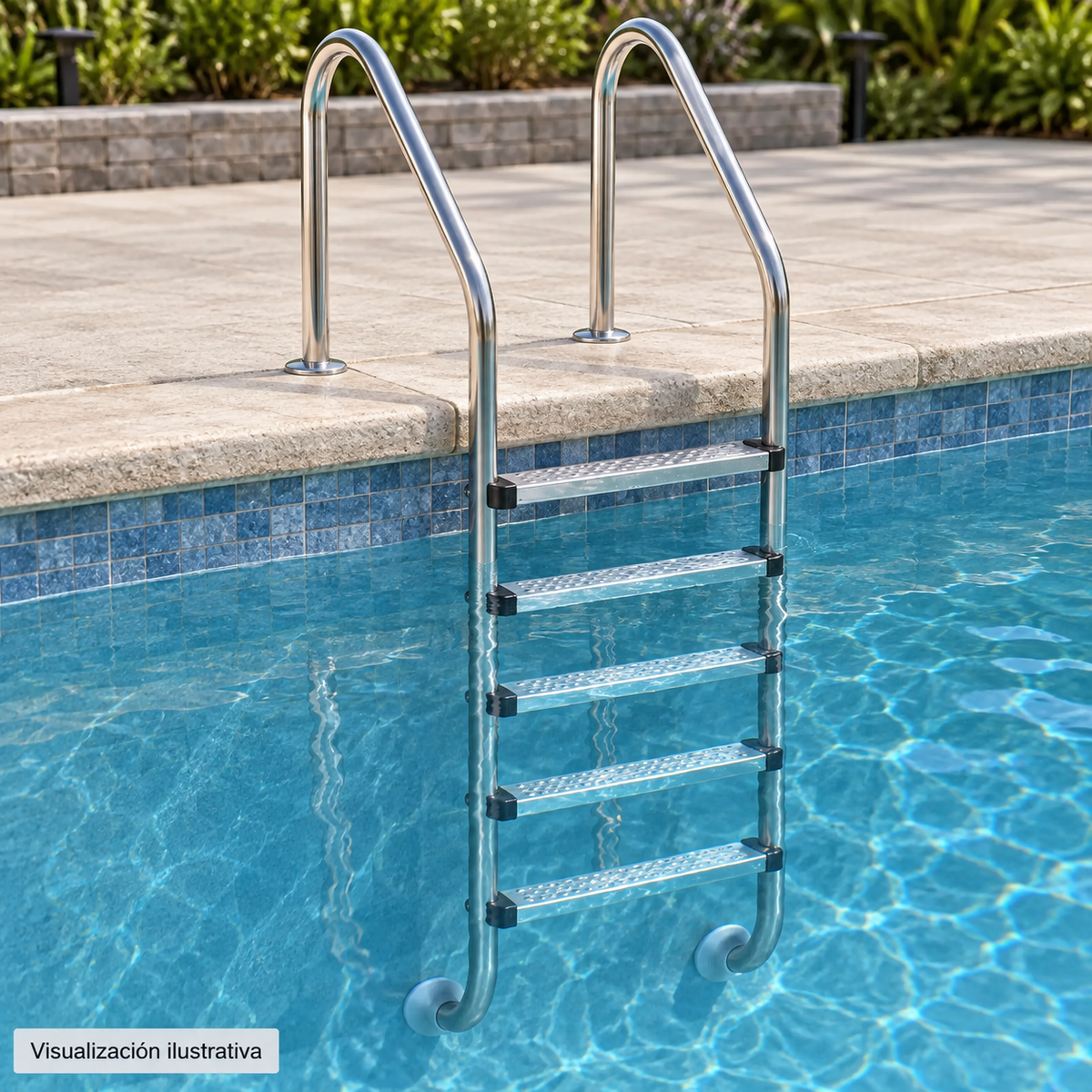 Visualización ilustrativa. Escalera PA-ESC-MIX1-5P instalada en una piscina, con 5 peldaños y pasamanos anclados al andador.