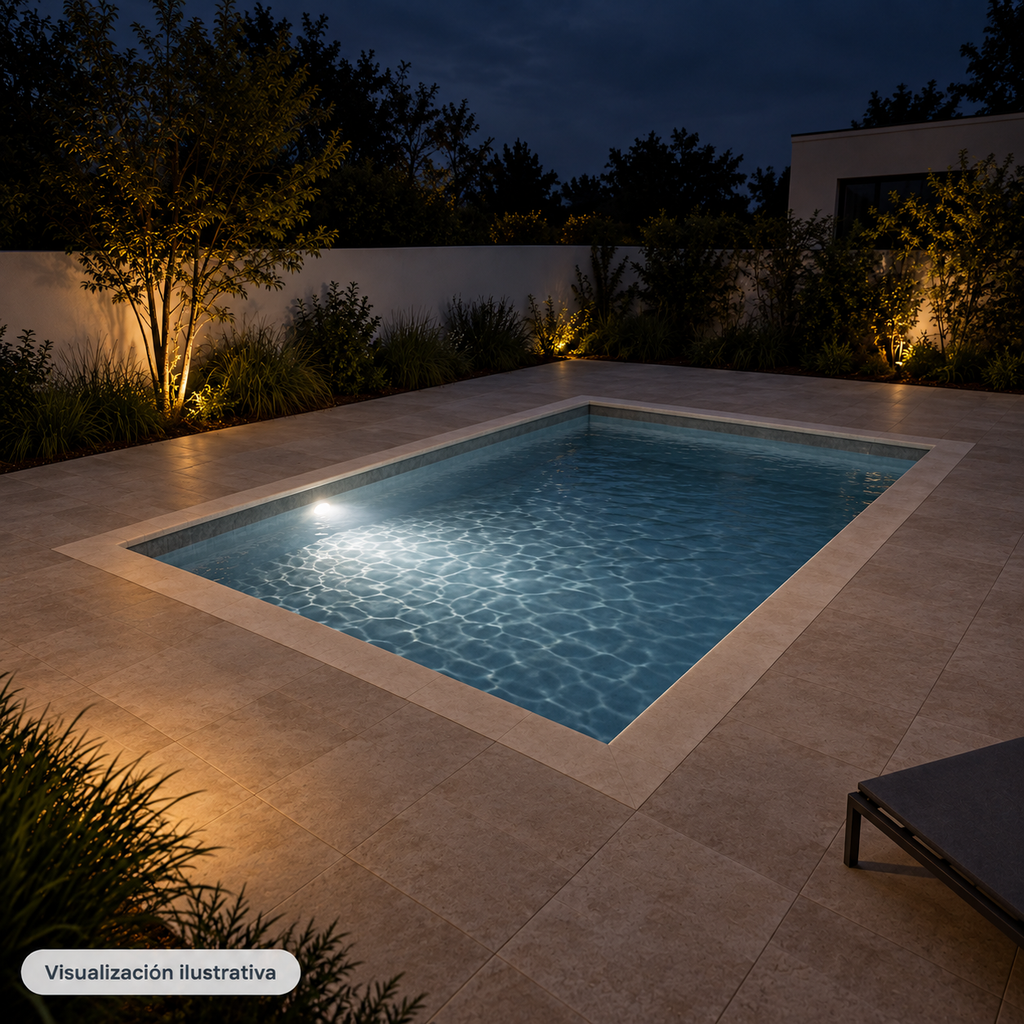 Visualización ilustrativa. Lámpara blanca para piscina instalada, con iluminación localizada y la piscina completa a la vista.