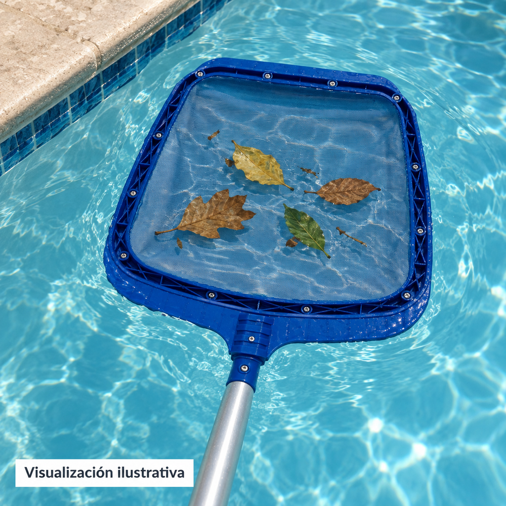 Visualización ilustrativa de la red 012-001-A-002 en uso para recoger hojas de la piscina. Mango mostrado como contexto de uso; consultar accesorios requeridos.