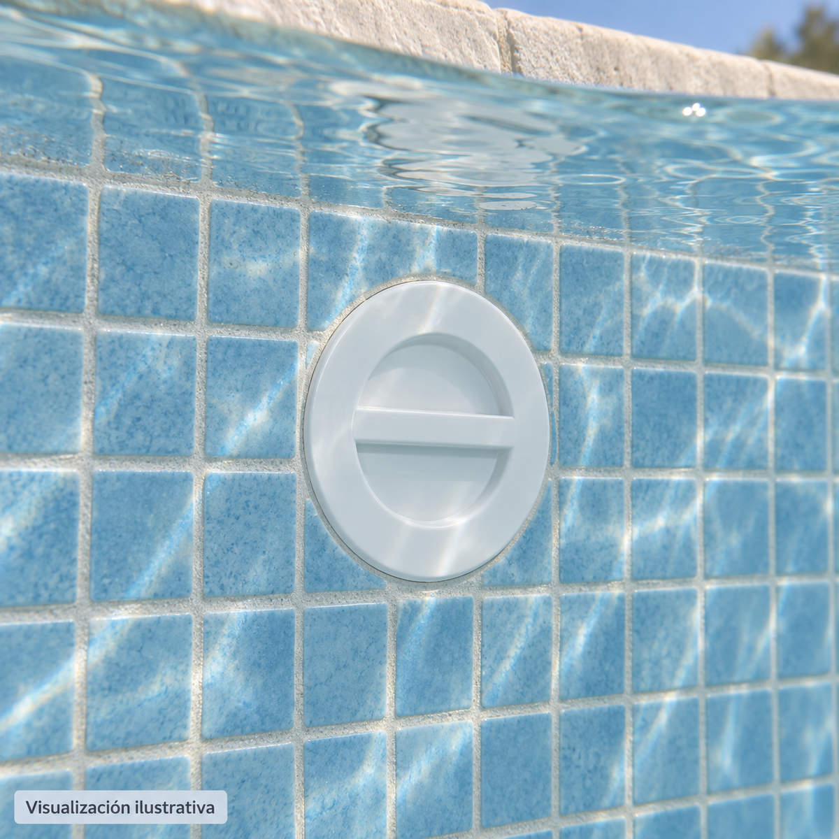 Visualización ilustrativa. Equipo PA-TAPONLISO-BA1.5 integrado en una piscina terminada; ejemplo de instalación sujeto al proyecto y al manual del modelo.