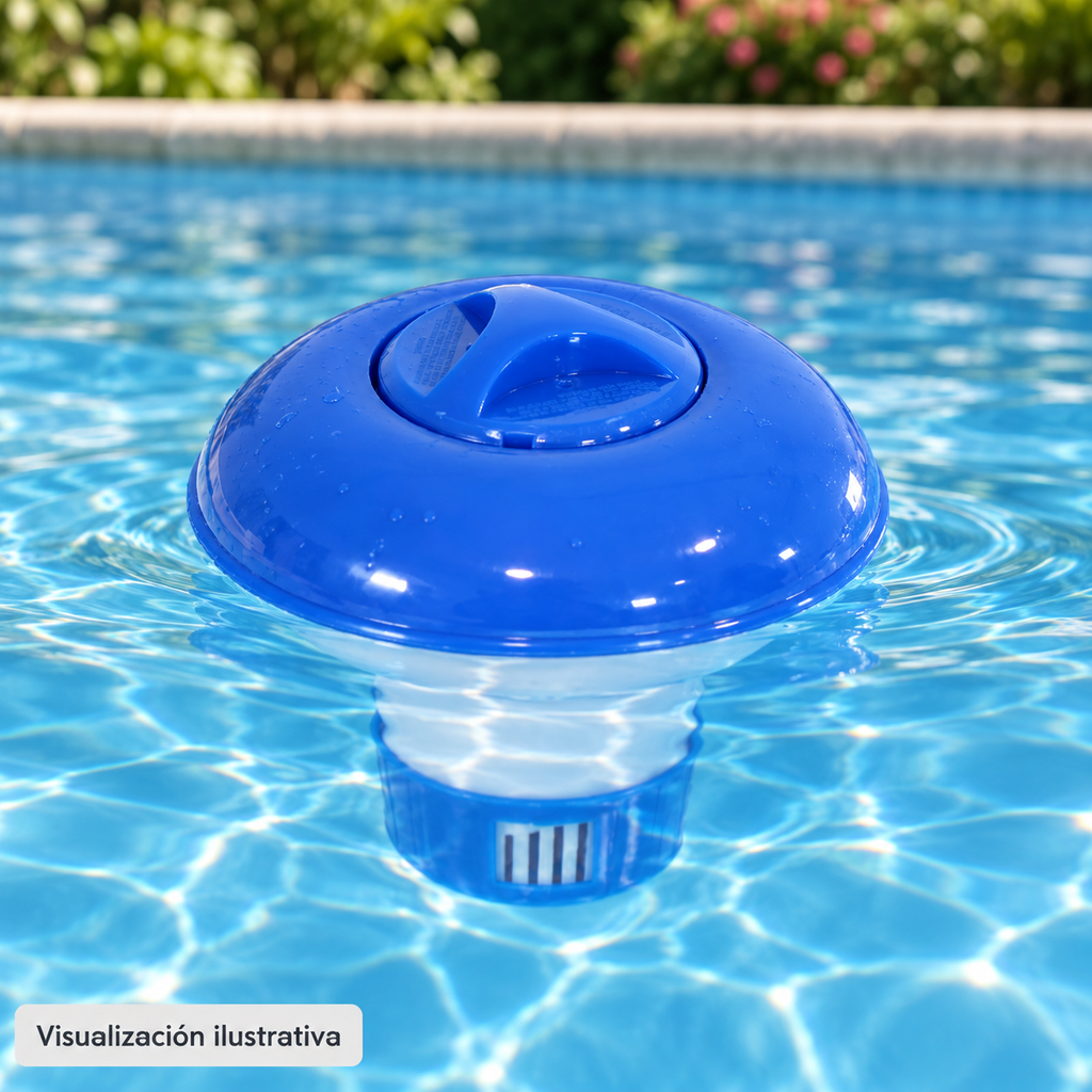 Visualización ilustrativa. Clorador flotante PA-DISPCL-FLOT5 en una piscina; ejemplo de uso.